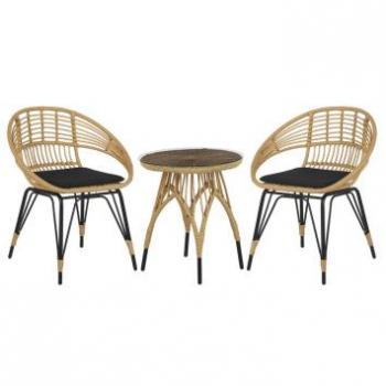 Conjunto de balcón de ratán sintético color natural y negro con patas de metal, incluye 2 sillas y mesa de centro moderna Pellaro