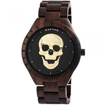 Reloj Raptor® Hombre Analógico de Cuarzo con Brazalete de Madera de Sándalo y Diseño de Calavera