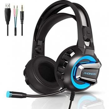 Auriculares para Videojuegos, YOTMS H4 7.1 Estéreo Cascos Gaming con Micrófono y Cable para PS4, PS5, Switch, PC, Xbox One, Móvil, Mac Ajustable Headset con luz LED Controlador de 50mm, Azul