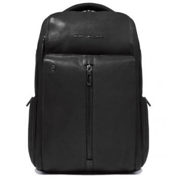 Piquadro Black Leather RFID Laptop and iPad Backpack with Sternal Strap, Shockproof Design, 14 Compartment, One Size