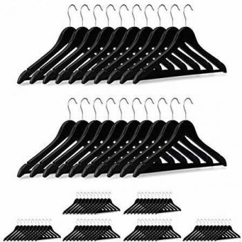 Pack de 80 Perchas de Madera, Colgadores para Pantalones y Camisas con Gancho Giratorio 360°, 23 x 44 x 1 cm, Negro