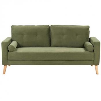 Sofá 2 plazas retro capitoné tapizado en tela verde Kalmar con cojines