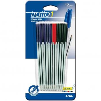 Tratto 042000 - Blíster 12 bolígrafos retráctiles por rotación, punta de bola de latón, ancho de trazo 0.5 mm, color azul, negro, verde y rojo