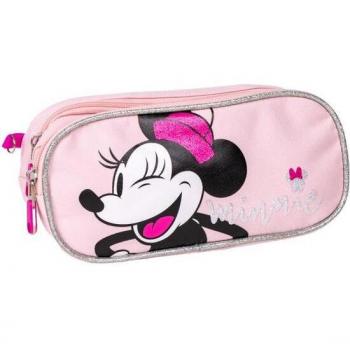 Estuche Escolar Doble Compartimento Minnie Mouse Rosa - 22,5x8x10 cm - Poliéster con Estampado de Minnie - Tarjeta de Identificación Incluida - Diseño Español