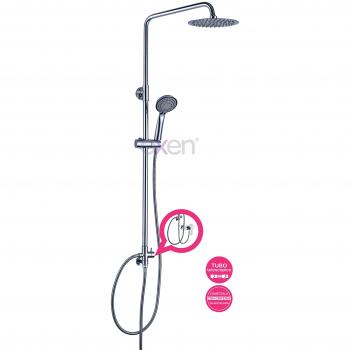 Columna de ducha SIN GRIFERÍA extensible de 80 a 120 cm. Se conecta a grifos de ducha estandar. Incluye desviador, 2 flexos de 60cm y 175cm, ducha de mano hidromasaje y rociador superior redondos