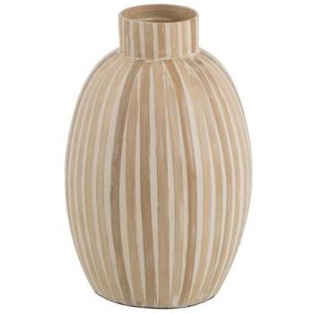 Jarrón Redondo Blanco Beige de Bambú 24 x 24 x 37 cm