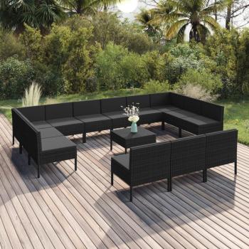 14-Piece Black Poly Rattan Garden Lounge Set with Cushions