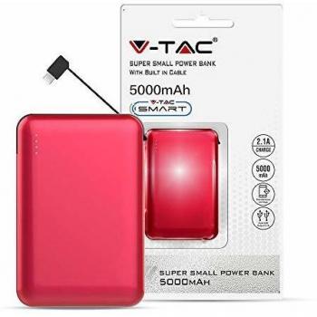 Power Bank Portátil 5000mAh con Pantalla LED y Cable Incorporado Color Rojo VT-3510