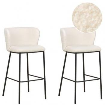 Conjunto de 2 sillas de bar modernas tapizadas en bouclé blanco con respaldo curvo y patas negras sin reposabrazos Mina