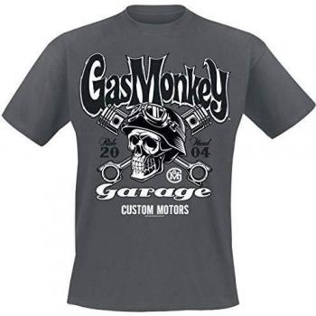 Gas Monkey Garage Custom Motors Skull Hombre Camiseta Gris Oscuro L, 65% poliéster, 35% algodón, Regular