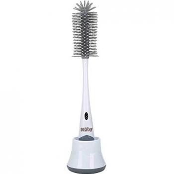 Cepillo para botellas Nûby de silicona 2 en 1 con soporte blanco