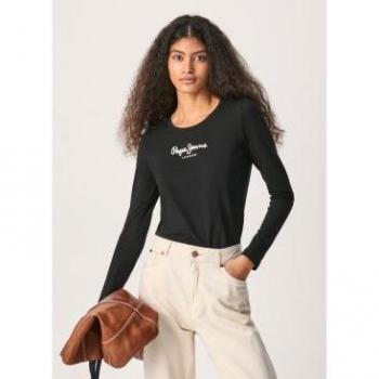 Pepe Jeans New Virginia LS Camiseta de Manga Larga para Mujer, Color Negro con Logo en el Pecho