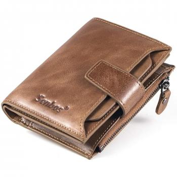 Cartera Hombre, Senbos Cartera de Cuero Suave de Piel de Vaca Genuina Soporte de Tarjeta de crédito Bifold de Capacidad Adicional con Bolsillo con Cremallera Khaki para el Dia de San Valentin