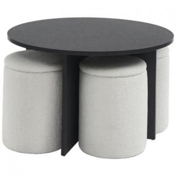 Mesa de centro MDF con 4 pufs de tela bouclette - Negro y Blanco - AKSAY