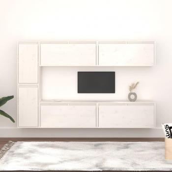 Mueble para TV 6 piezas de madera maciza de pino y blanco, Mueble de salón, Mueble televisor, Mesa de TV