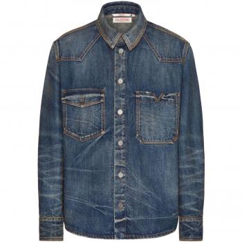 Valentino Men's Vlogo Denim Shirt in Blue | Size 48 | 4V3DB02R9YN528