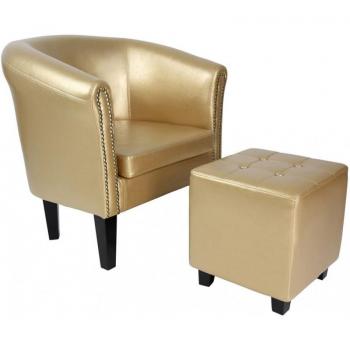 Sillón Chesterfield con Remaches de Cobre y Reposapiés a Juego, Madera y Piel Sintética, Retro, Color a Elegir, Sillón con Taburete, Muebles de Salón