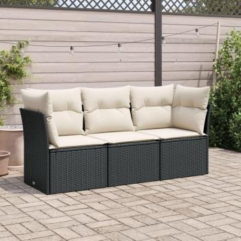 3-Piece Black Poly Rattan Garden Sofa Set with Cushions