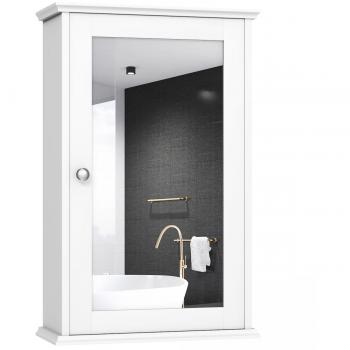 Armario de Baño con Espejo Montado a la Pared, Una Puerta, Repisa Regulable, Multiusos, Almacenamiento Organizador, Blanco, 34 x 15 x 51 cm