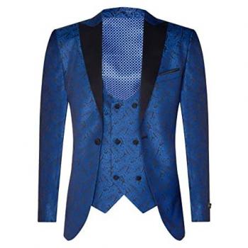 Mens Blue Brocade Tuxedo Blazer with Black Satin Paisley Waistcoat - Size 42