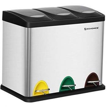 SONGMICS Cubo de Basura, Basurero con Pedal 3 en 1, 24 litros, Sistema de Separación de Residuos para la Cocina, Duradero, Fácil de Limpiar, Acero, Color Plata LTB24L