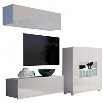 Conjunto de salón moderno Providence B113, blanco brillante, con mesa de TV y equipo adicional, aglomerado laminado con LED