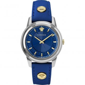 Versace Greca Leather Bracelet Watch with Studs, Blue, Female, Size: ONE SIZE