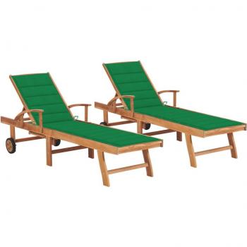 Tumbonas de día y noche - Tumbonas 2 unidades de madera maciza de teca con cojín verde