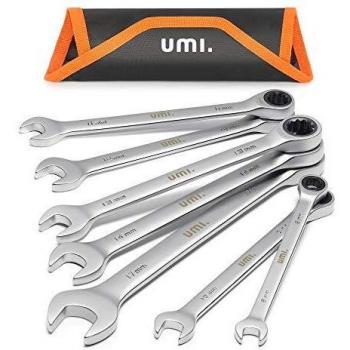 Amazon Brand - Umi 7PC Juego de Llaves de Trinquete Combinadas, con Bolsa de Almacenamiento, de 8, 10, 11, 12, 13, 14, 17 mm, Métricas, de Acero al Cromo Vanadio, Ruedas de Trinquete de 72 Dientes