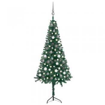 Árbol de Navidad artificial de esquina LED y bolas verde 150 cm