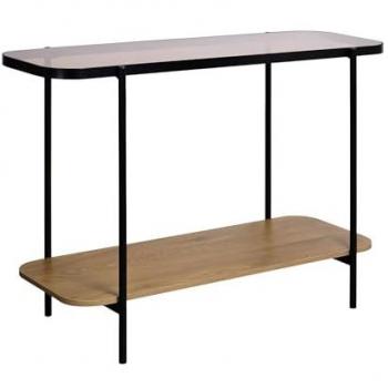 Consola Vintage de Metal Negro con Tapa de Cristal y Decoración de Madera, 110cm, Smooky, Natural, 110x39x76 cm