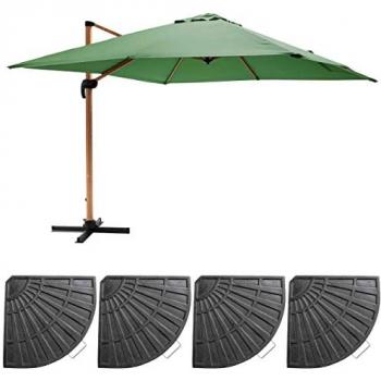Parasol excéntrico inclinable cuadrado 3x3 m con 4 losas de lastre efecto madera verde