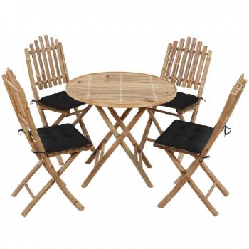5-Piece Folding Bamboo Outdoor Dining Set with Cushions