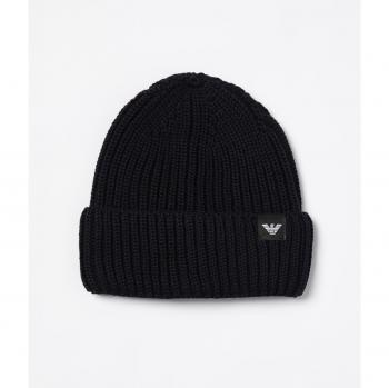 Emporio Armani Men's Blue Ribbed Wool Beanie Hat - Size L