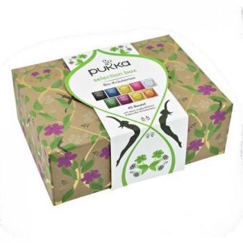 Caja Bio Tea Selection Pukka - 45 bolsitas infusoras de té orgánico, incluye una variedad de sabores como Matcha, sin cafeína, ingredientes naturales y certificados orgánicos