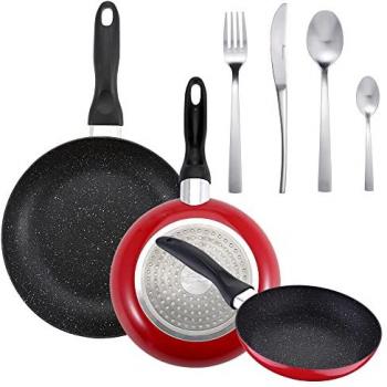 Pack de 3 Sartenes San Ignacio Ø16CM Ø20CM Ø24CM + Set de Cubertería de 16 Piezas en Acero Inoxidable