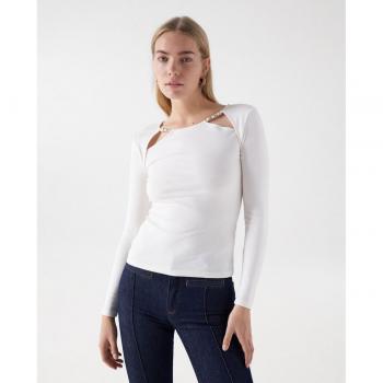 Camiseta blanca de manga larga con detalle de cadena para mujer