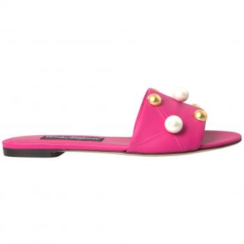 Dolce & Gabbana Pink Embellished Leather Flats Sandals Shoes - EU39/US8.5, Quilted Leather Slides in Pink, Size: 9 US