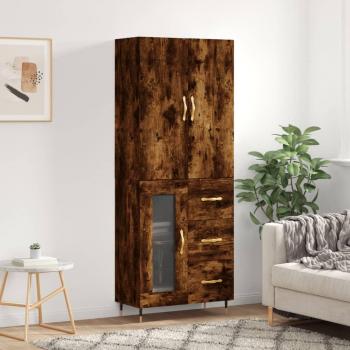 Aparador Alto de Madera Contrachapada en Roble Ahumado 69,5x34x180 cm con 1 Puerta de Cristal y 3 Cajones - Mueble de Almacenaje Moderno para Sal
