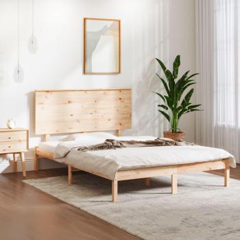 Cama doble de madera maciza 135x190 cm, estructura de cama de matrimonio, color marrón, material: madera maciza