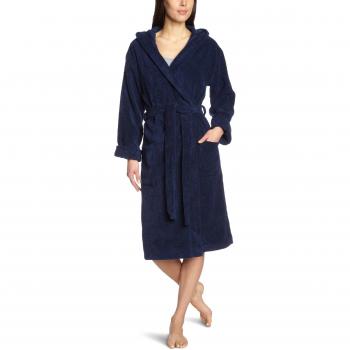 Bademantel de mujer Schiesser Essentials con capucha, color azul marino, talla M, algodón y diseño unicolor