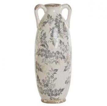 Jarrón Home ESPRIT Gres Blanco Marrón Gris con Diseño de Hoja de Planta 13 x 13 x 35 cm