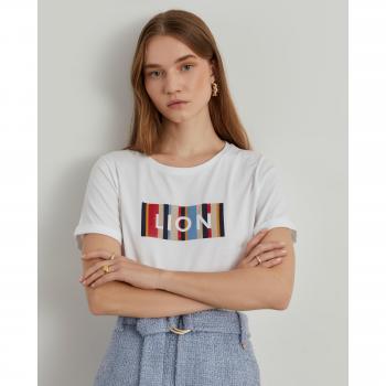 Lion of Porches - Camiseta de mujer en algodón con logo frontal y estampado blanco