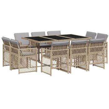 Set comedor de jardín 11 pzas con cojines ratán sintético beige