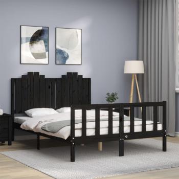 Estructura de cama con cabecero de madera maciza en color negro, tamaño 140x200 cm