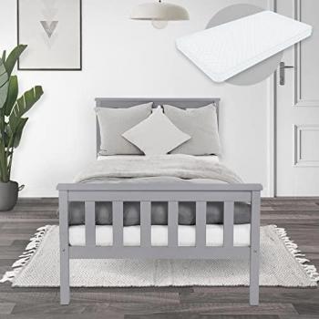 Cama Infantil de Madera Maciza de Pino Gris Claro 90x200 cm con Colchón de Espuma Fría y Somier, Cabecero y Piecero