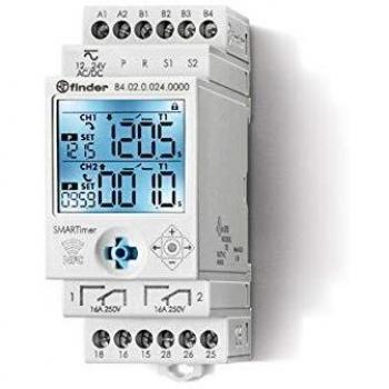 Finder 84.02.0.024.0000 Timer Relay AC 12-24V, Adjustable Timing Range 0.1 to 35996400 seconds, DIN Rail Mount, 2 Change-Over Contacts