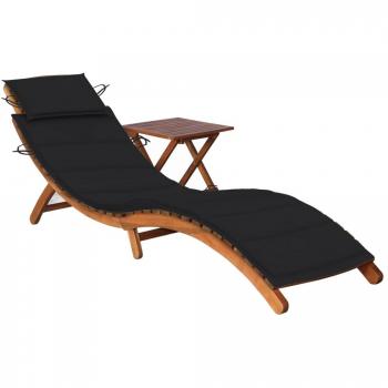 Tumbona de jardín con mesa y cojín de madera maciza de acacia