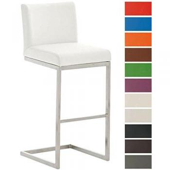 Taburete de Bar Paros en Estilo Cantiléver Blanco con Tapizado en Cuero Sintético, Estructura de Acero Inoxidable, Altura de Asiento 77 cm, con Respaldo y Reposapi