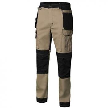 Pantalón de Trabajo Multibolsillos Velilla 103019S Canvas Stretch Elástico con Refuerzos en Rodillas y Culera, Color Beige Arena y Negro, Talla XXL